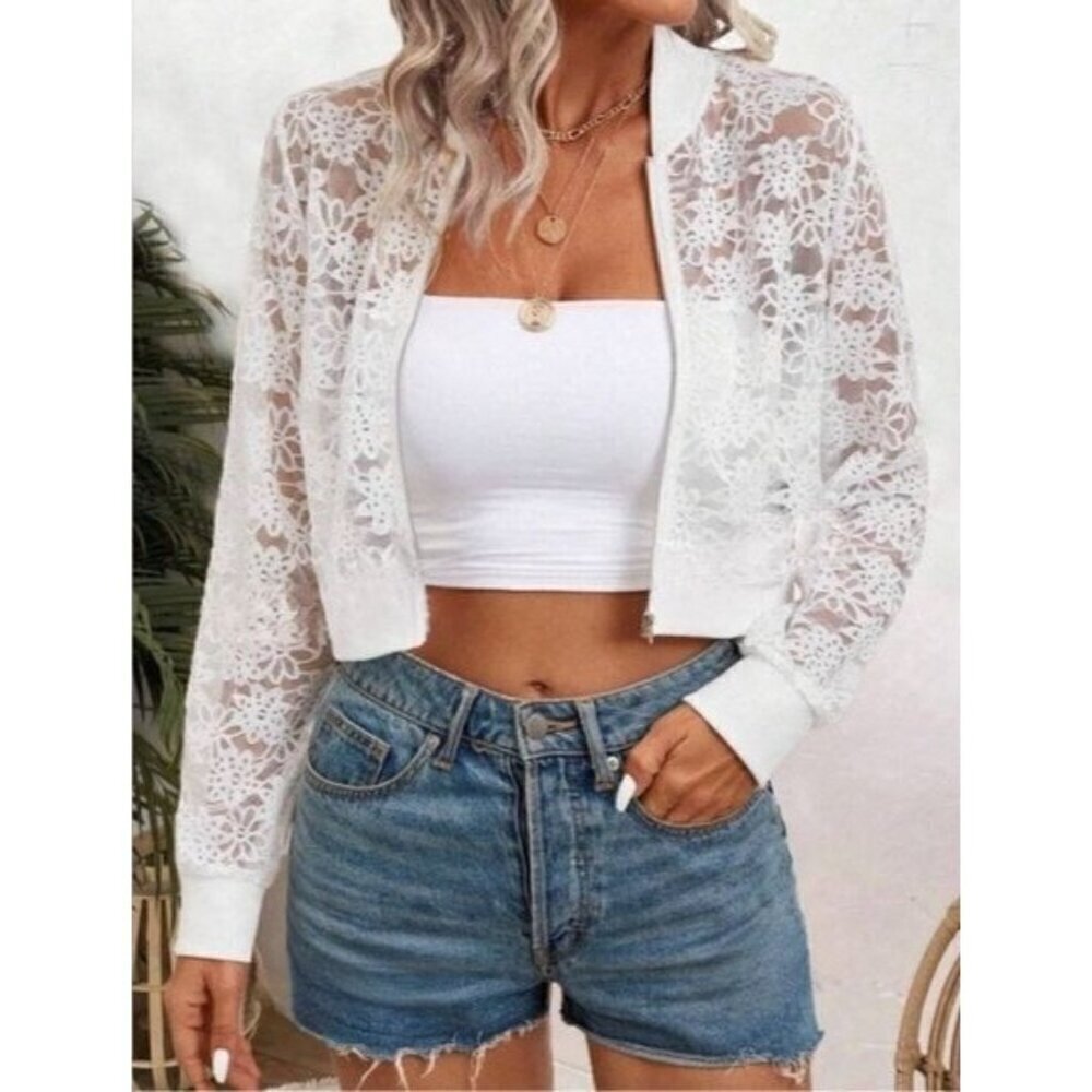 White Patchwork Lace Zipper Front Bomber
